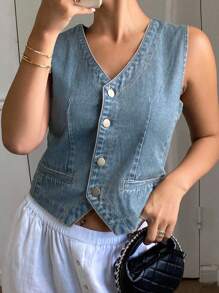 DAZY Blusa vaquera casual de cuello en V para mujer, otoño