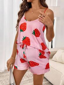 SHEIN 2pcs Maternity Strawberry Print Camisole Top And Adjustable Waist Shorts Casual Set