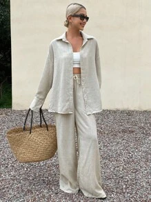 Livesso Bộ 2 món đồ mặc nhà kiểu vải lanh rộng rãi, thoải mái dành cho nữ, thích hợp cho mùa thu. - Màu Khaki - Xem 3