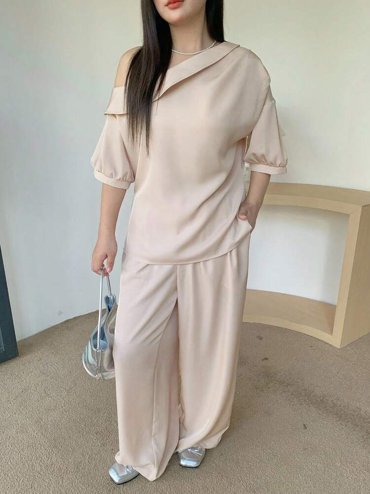 Dazy Plus Plus Size Oblique Placket Off-Shoulder Short Sleeve Pullover Top & Loose Pants Casual Elegant 2 Pieces Set Lounge Sets For Women