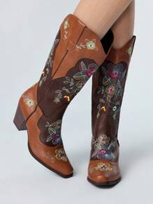 ROMWE Fairycore 女式秋季牛仔靴，一脚蹬，拼色，花卉刺绣细节，西部风格，户外休闲中筒靴