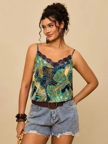 SHEIN VCAY 大码女式绿色热带印花宽松吊带背心，V 领蕾丝边肩带图案衬衫，适合夏季度假 - 綠色 - 查看 6