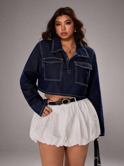 Jeanoix Plus Size Women Long Sleeve Polo Collar Casual Cropped Denim Top