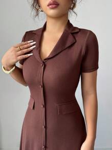 SHEIN Elenzya 优雅通勤棕色翻领纽扣装饰A字后背蝴蝶结短袖连衣裙（女款） - 棕色 - 查看 7
