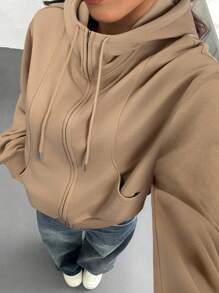 SHEIN EZwear 秋冬女士纯色落肩长袖拉链连帽抽绳宽松休闲运动衫 - 卡其色 - 查看 1