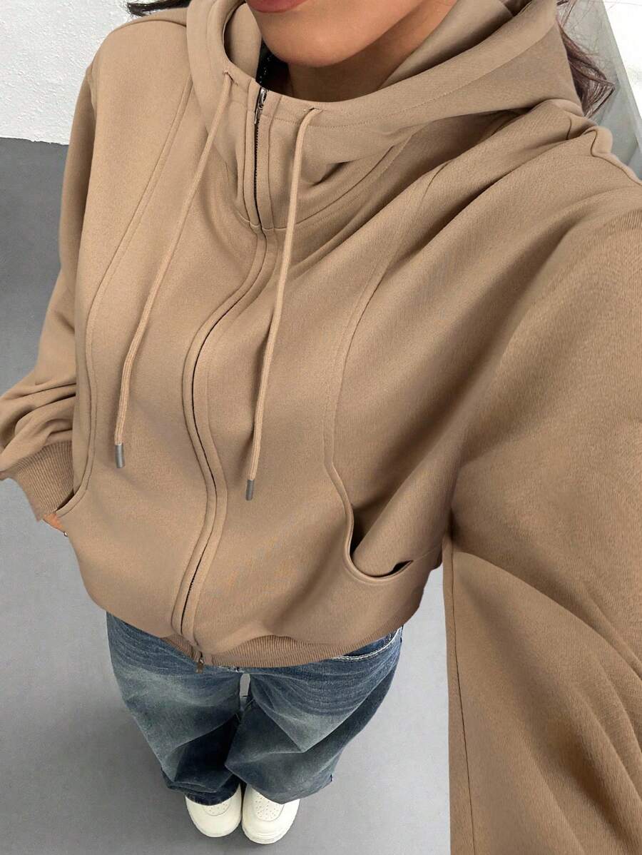SHEIN EZwear 秋冬女士纯色落肩长袖拉链连帽抽绳宽松休闲运动衫 - 卡其色 - 查看 1