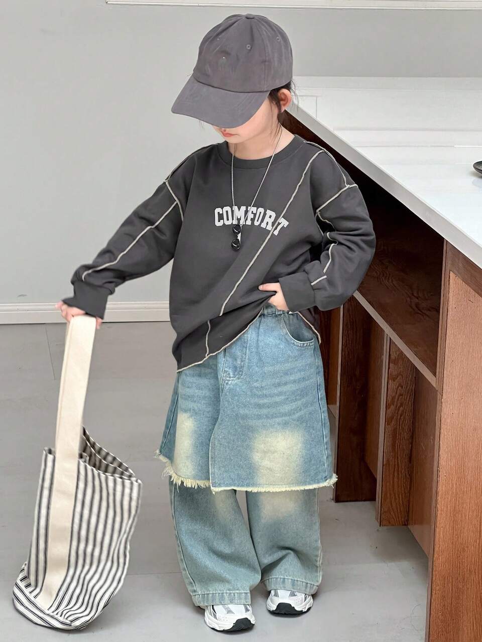 Young Girl Casual Contrast Stitching Letter Print T-Shirt Fall,Winter