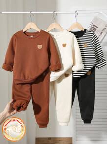 SHEIN 6件套男童休闲舒适百搭可爱圆领卫衣和运动裤套装，加厚保暖内衬运动服，秋冬季返校必备 - 彩色 - 查看 7