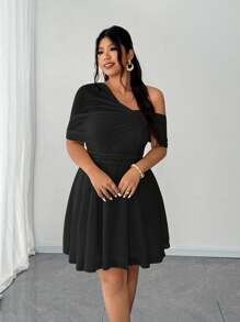 Elenzga 加大码女式优雅浪漫婚礼宾客礼服，雪纺单肩飘逸长裙，适合派对 - 黑色 - 查看 1