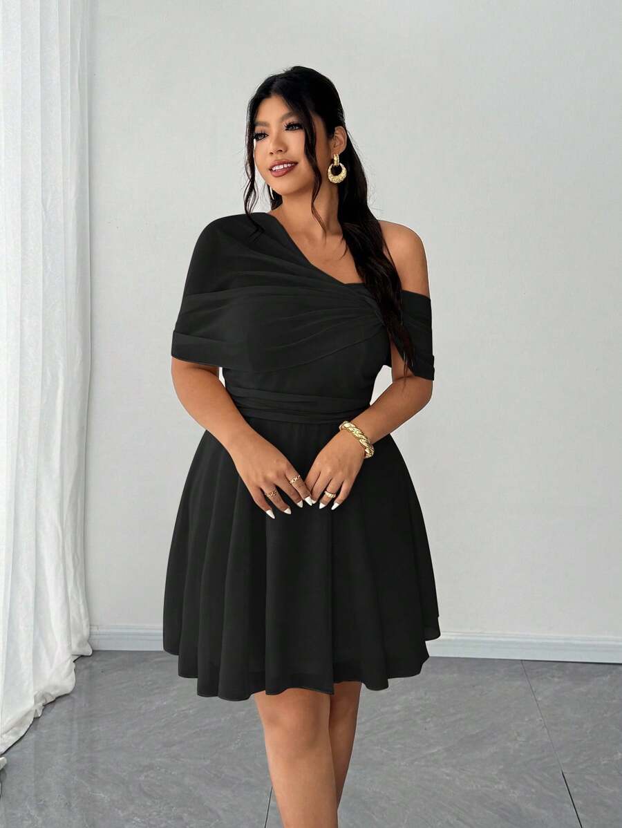 Elenzga 加大码女式优雅浪漫婚礼宾客礼服，雪纺单肩飘逸长裙，适合派对 - 黑色 - 查看 1