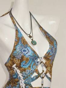 SHEIN ICON 交叉带链条装饰复古佩斯利印花露背吊带紧身衣