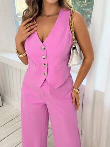Vionelle Plus Size Women's Elegant Romantic Pink V-Neck Vest Top And Pants Set, Spring/Summer Graduation,Back To School,Teacher Outfits For Women Winter Fall Autumn