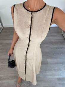 Siren Gaze 女式无袖撞色休闲长裙 - 杏色 - 查看 3