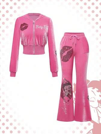 Betty Boop | ROMWE Conjunto de sudadera con capucha con cremallera y estampado de labios de strass Y2K y pantalones acampanados para mujeres