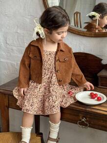 LMoss Kids Conjunto de 2 piezas de ropa de niña bebé con camisa corta casual de unicolor tejida y vestido camisero con estampado floral ditsy para otoño e invierno - Multicolor - Ver 6