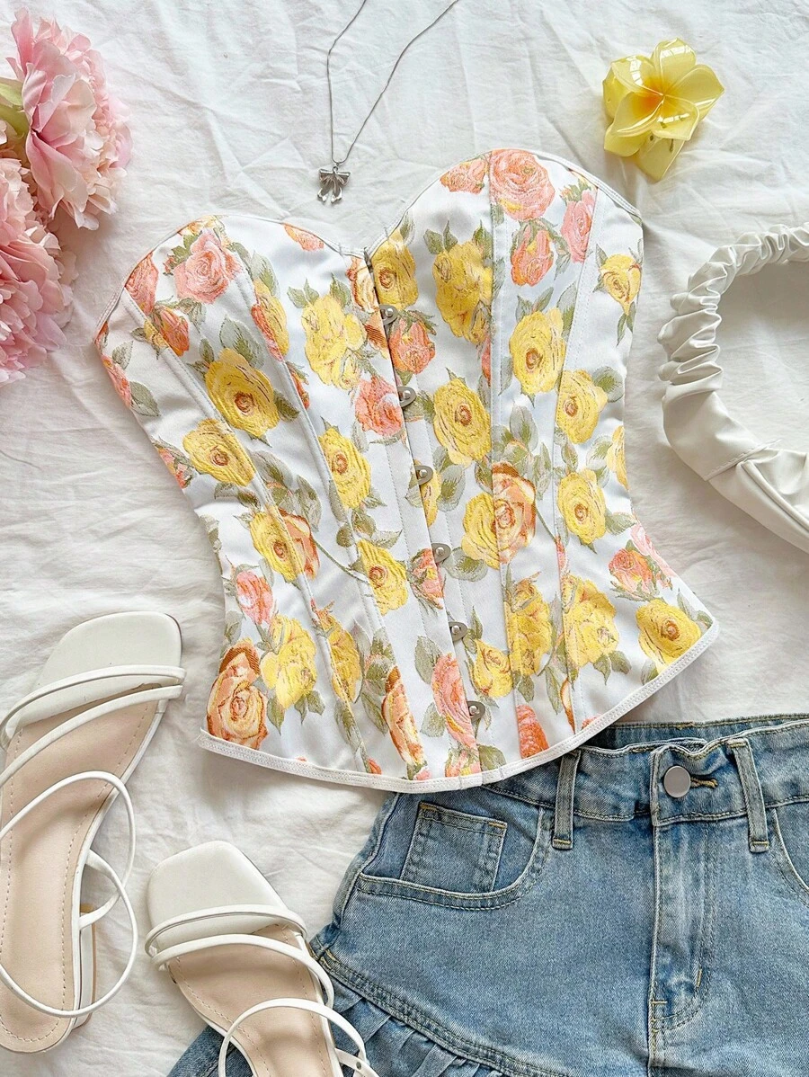 Soleia 女士复古宫廷风格彩色花卉提花印花抹胸短款上衣，配有纽扣和后系带 - 彩色 - 查看 1