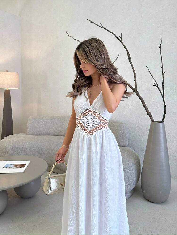 Jemour فستان متوسط الطول من النوع المزرقع مع رقبة على شكل حرف V وربطة عنق وظهر مكشوف وتجاعيد من النوع بيبلوم لأوقات الاستجمام والترفيه - أبيض - مشاهدة 5