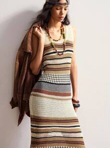 Bohemela Robe décontracté en tricot à col rond sans manches à rayures pour femme