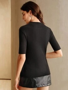 Anewsta 女士毛衣 - 奢华透明水钻装饰欧根纱拼接半袖针织上衣 - 黑色 - 查看 2