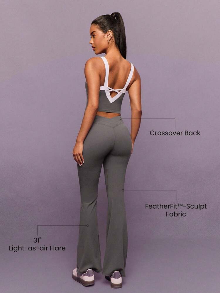 31" FeatherFit™-Sculpt Power Flare Soft Stretchy Compressive Crossover Back Leggings High-Impact Running Jogging Training Gym Studio Daily Active Wear