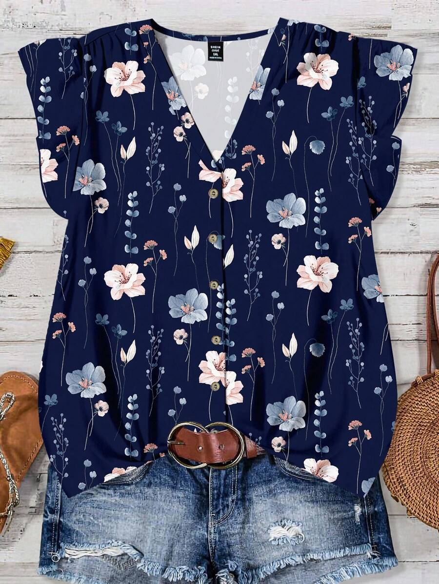EMERY ROSE Plus Size V-Neck Ruffle Sleeve Printed Casual Blouse, Suitable For Summer Autumn And Winter,Back To School Chic Blouses For Women - Navy Blue - View 1