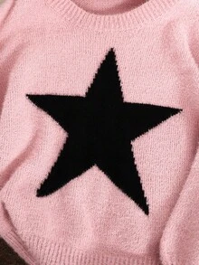 Tween Girl Star Pattern Round Neck Drop Shoulder Sweater,Pink And Black,Autumn,Casual,School,Back-To-School Fall/Winter Pink Sweater For Girls Tweens - Dusty Pink - View 3