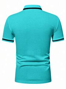 Calvornis Men's Casual Contrast Color Cuff Button Half-Placket Polo Shirt Teal Shirts For Men Turquoise Clothes Men Men Polo Shirts Golf Shirt For Men Zipper Polo Shirt - Peacock Blue - View 2