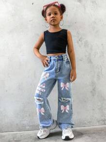 SHEIN Explorewe Young Girl New Y2K Style Denim Jeans   New Fashionable High-Quality Distressed Washed Denim Straight Leg Jeans - Light Wash - View 3