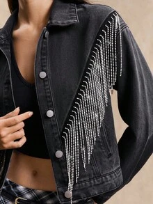 Easelle Women's Denim Jacket, Diamond Tassel Cool Versatile Jacket, Early Autumn Tops And Jackets, Back To School Season, Vintage, Fall Women Clothes, Western Wear Women Fall Clothes Women