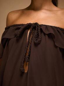 SHEIN BAE Women's Chocolate Solid Color Off-The-Shoulder Ruffle Hem Twist Long-Sleeved Dress Brown Boho Flowing Western Cowboy Girl, - Brown - View 7
