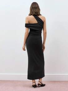 Maija Women's Solid Color Asymmetric Neck Simple Fitted Casual Dress Festival - Black - View 5