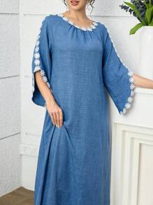 Al Najma Váy xòe thêu phong cách Ả Rập thanh lịch cho nữ - Xanh đậm - Xem 7