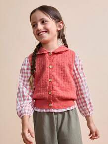 SHEIN Young Girl Casual Daily Simple Solid Color Shell Trim Lapel Sleeveless Button Front Cardigan, Autumn Fall Winter - Orange - View 4
