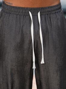 Manfinity Homme 男士牛仔效果抽绳腰口袋宽松休闲裤男抽绳裤男宽松裤男夏季度假沙滩裤 - 黑色 - 查看 5