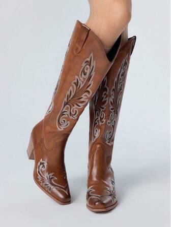 Fairycore Women's Cowgirl Boots With Asymmetrical Distressed Details & Embroidery, Western Style Outdoor Fashion Slip-On Knee-High Boots