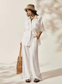 Easelle Casual Retro Loose Fit Straight Shirt & Suit Set For Women Co Ords Sets Women 2 Pieces Sets Woman F Caw F Shirt Women - White - View 2
