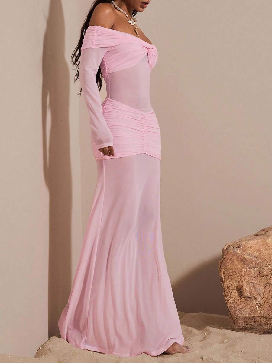 Opulessa 女式纯色针织网眼露肩长袖连衣裙 - 粉色 - 查看 1