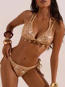 Opulessa 女士性感亮片拼接吊带分体比基尼套装