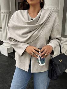 Easura 秋季大码女式时尚纯色翻领保暖羊毛大衣 - 杏色 - 查看 4