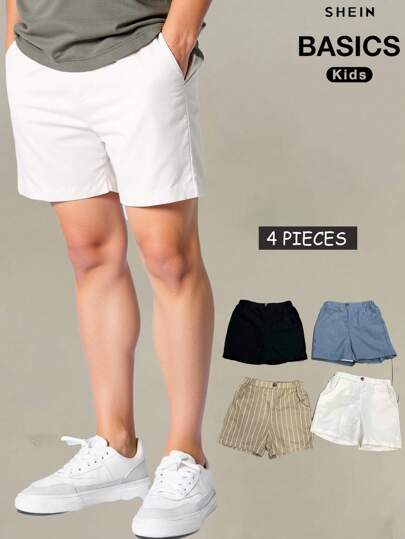 SHEIN 4 件套儿童男童休闲条纹宽松梭织短裤套装，4 种款式，每种款式 1 件，百搭舒适，适合上学、通勤、日常休闲、旅行、运动、春夏季
