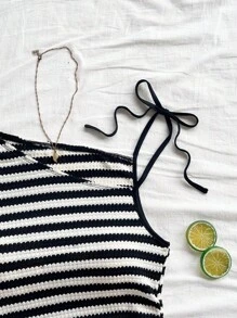 Soleia 女士条纹针织不对称领口修身衬衫，适合派对、圣诞节、约会、海滩、游轮、狂欢节、夏季 - 彩色 - 查看 5