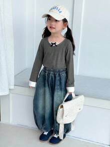 Dazy Kids Áo thun họa tiết nơ khối màu đơn giản cho bé gái - Xám - Xem 3