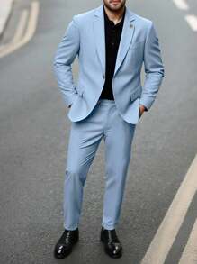 Manfinity Mode 男士休闲商务两件套西装，纯色西装套装夹克和裤子，简约时尚休闲日常穿着婚礼西装舞会西装男士，适合情人节周年纪念日等场合，是送给男朋友或丈夫的绝佳礼物。 - 淺藍色 - 查看 3