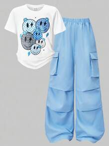 SHEIN ChillGRL 2pcs/Set Teen Girls Letter Print Round Neck T-Shirt + Cargo Pants, Casual Streetwear Style - Blue - View 5