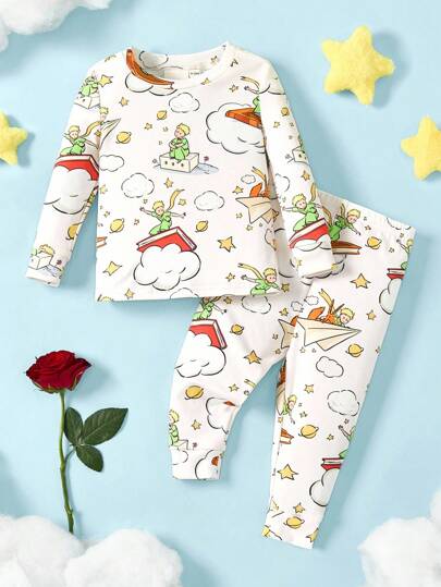LE PETIT PRINCE X SHEIN 男婴卡通纸飞机印花可爱图案长袖T恤和裤子睡衣套装