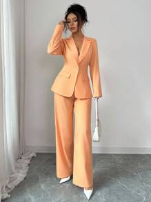 Elenzga Elegant Commuter Elegant Fashion, Lapel Shoulder Long Sleeve Ripped Cinched Waist Linen Woven Fabric Women Jacket, Pleated Long Pants Women Suit Set Fall Cloth For Women