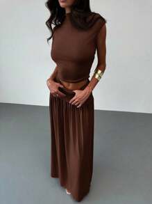 Aloruh New Elegant Stand Collar Pleatered Slim Fit Top And High Waist Skirt 2 Pieces Outfit, Commuting, Outing, Date - Coffee Brown - View 3