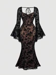 SHEIN MOD Women's Flare Sleeve Ruffle Trim Sweetheart Collar Fitted Sexy Dress, Goth Dress, Witchy Dress, Black Floral Dress, Long Sleeve Black Dress,Black Floral Dress, Black See Through Dress,Fall Clothes For Women,Goth,