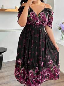 Modelyn Plus Size Women's Floral Print Chiffon Off-Shoulder Belted Maxi Dress - Black - View 6