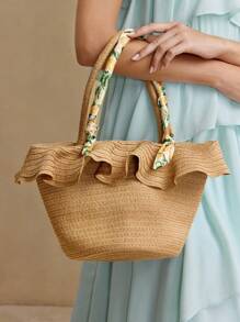MOTF PREMIUM STRAW HAT SHAPED TOTE HANDBAG - Khaki - View 8